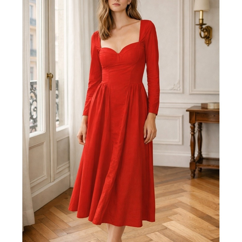 Panthea SMALL Tomato Red Princess Bustier Midi Dress Dropped V Waistâ Milkmaid